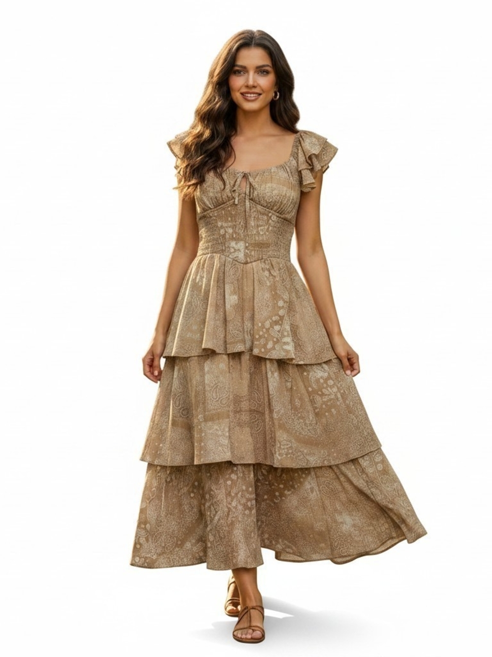 NWT Francesca’s Emory Paisley Tiered Dress Corset Cottagecore Taupe XSmall